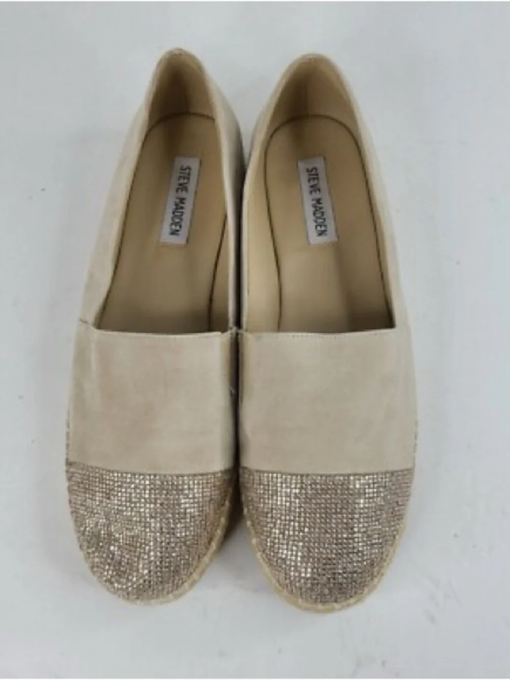Steve Madden Beige Suede Espadrille Slip-On with Gold Embellished Toe 6.5